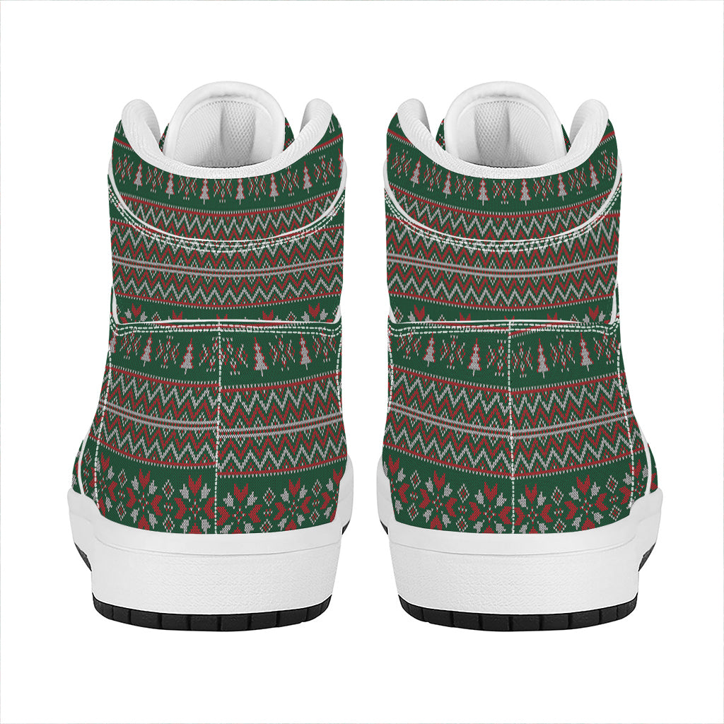 Christmas Holiday Knitted Pattern Print High Top Leather Sneakers