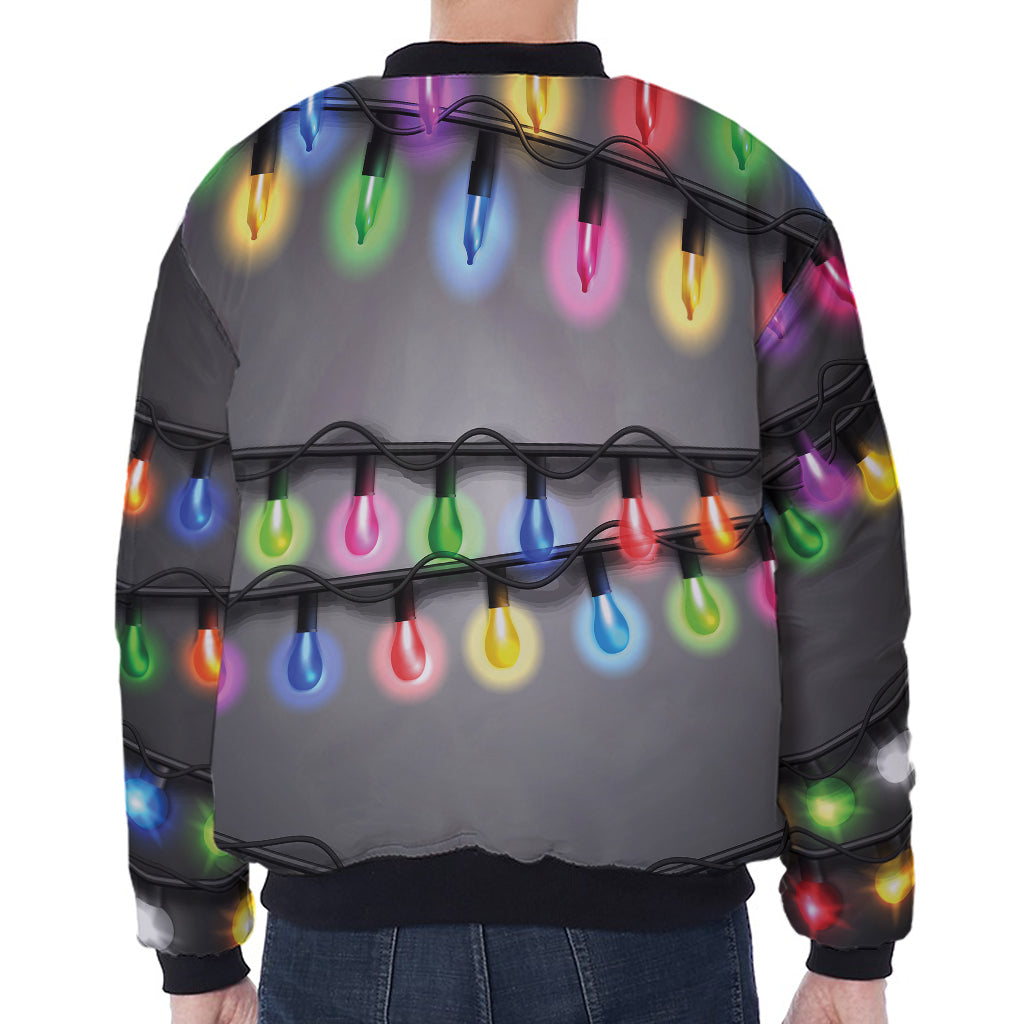 Christmas Holiday Lights Print Zip Sleeve Bomber Jacket