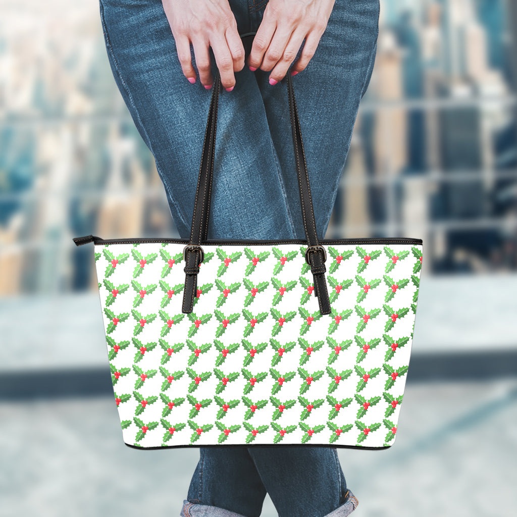 Christmas Holly Berry Pattern Print Leather Tote Bag