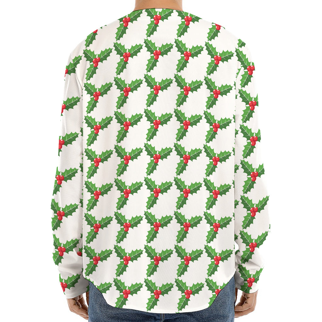 Christmas Holly Berry Pattern Print Long Sleeve Baseball Jersey