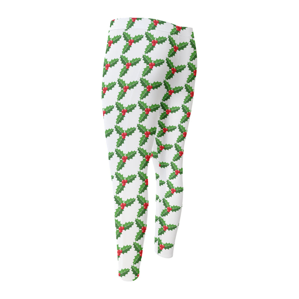 Christmas Holly Berry Pattern Print Men's Compression Pants