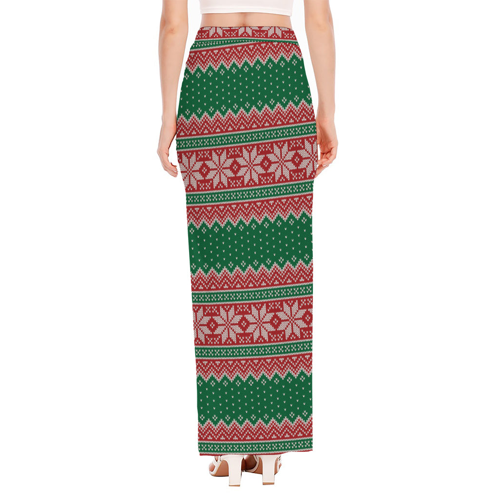 Christmas Knitted Pattern Print High Slit Maxi Skirt