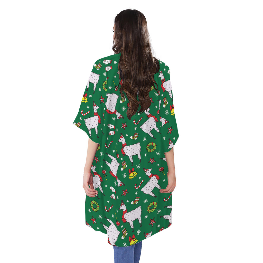Christmas Llama Pattern Print Open Front Beach Cover Up