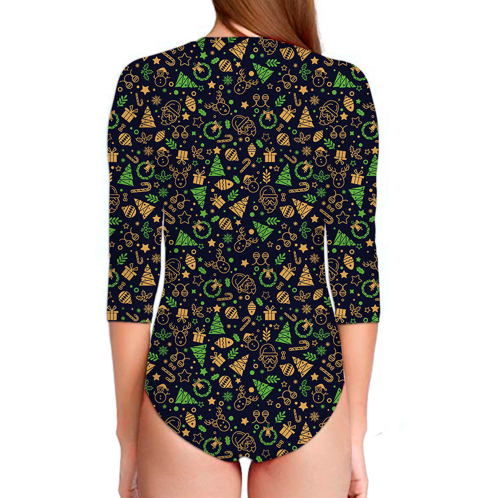 Christmas Party Elements Pattern Print Long Sleeve Swimsuit