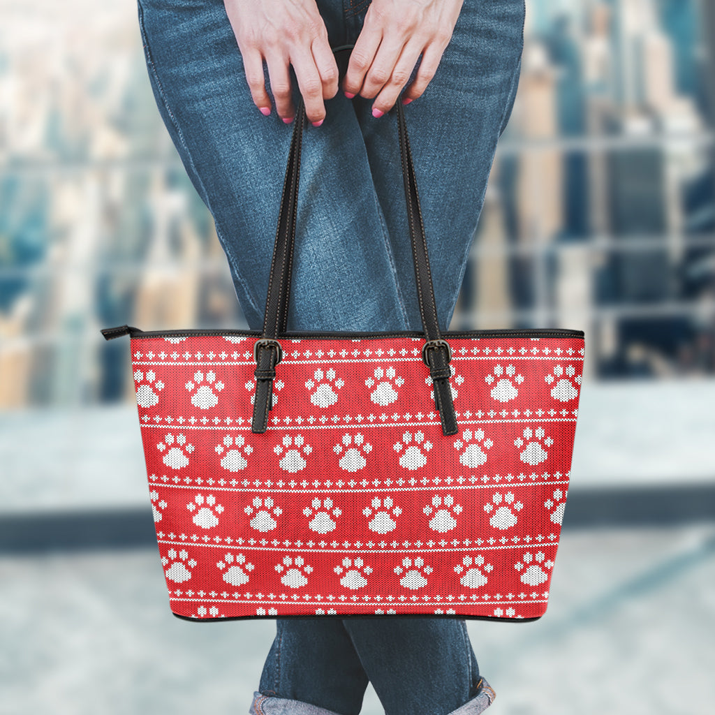 Christmas Paw Knitted Pattern Print Leather Tote Bag
