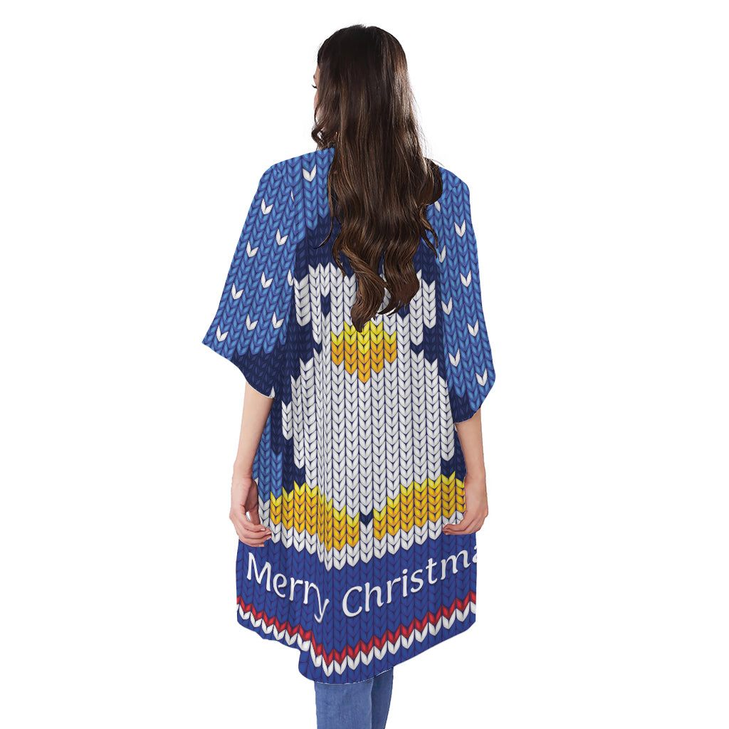 Christmas Penguin Knitted Print Open Front Beach Cover Up