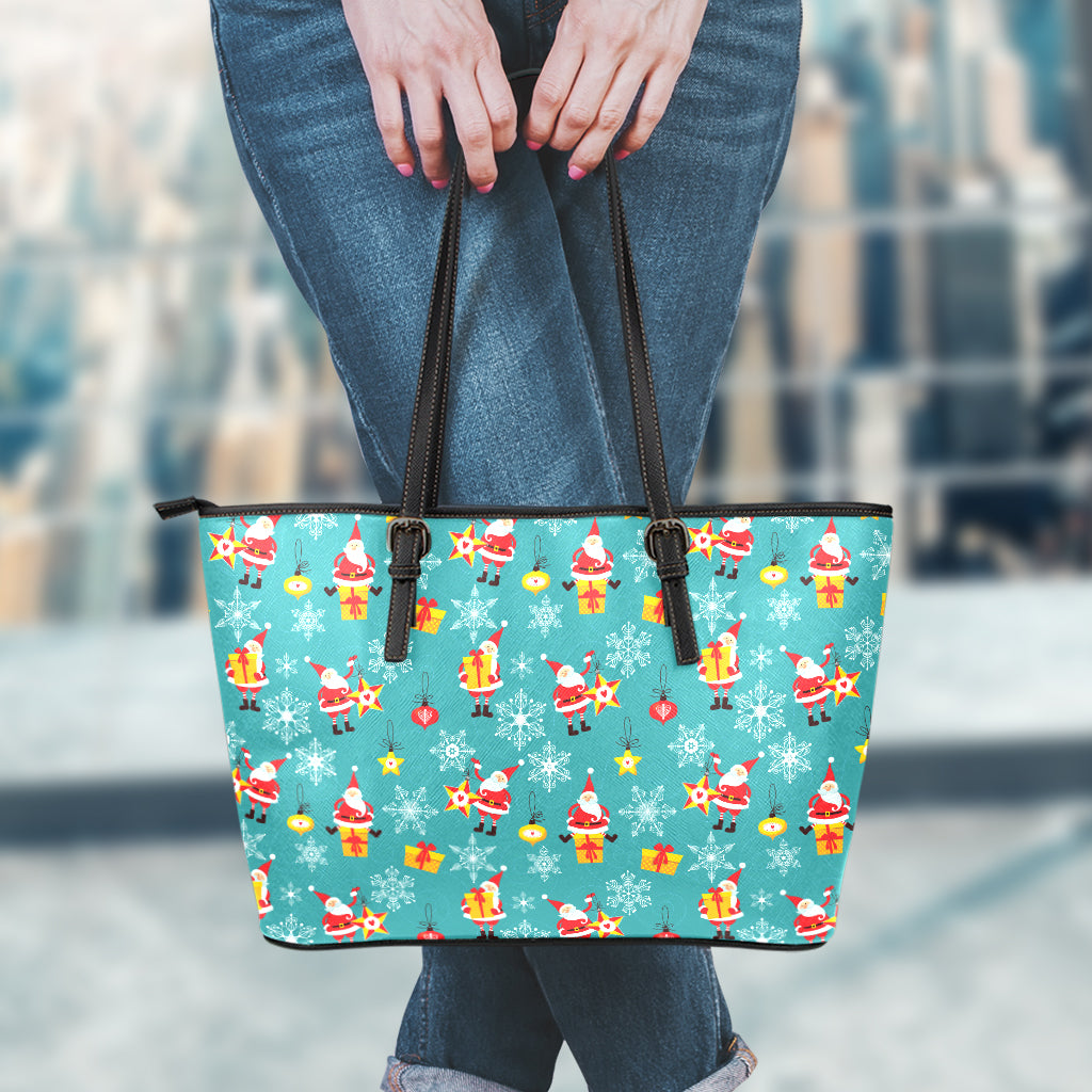 Christmas Santa Gift Pattern Print Leather Tote Bag