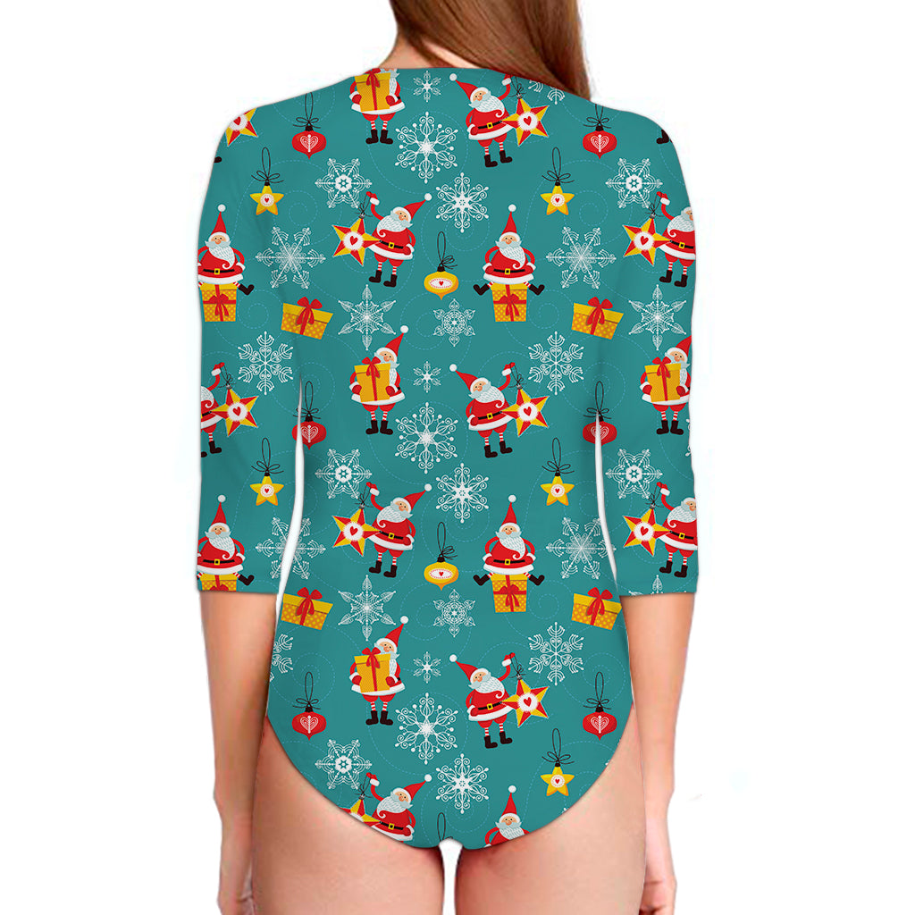Christmas Santa Gift Pattern Print Long Sleeve Swimsuit
