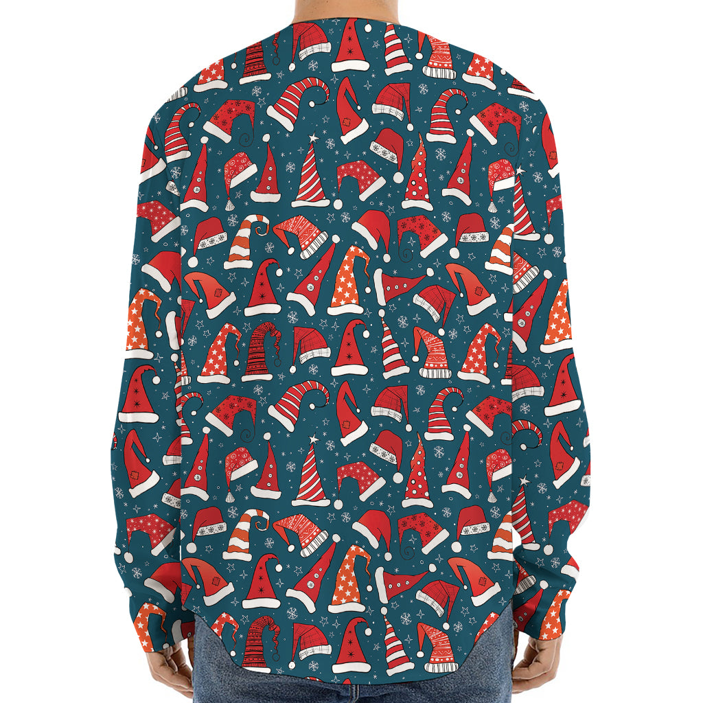 Christmas Santa Hats Pattern Print Long Sleeve Baseball Jersey
