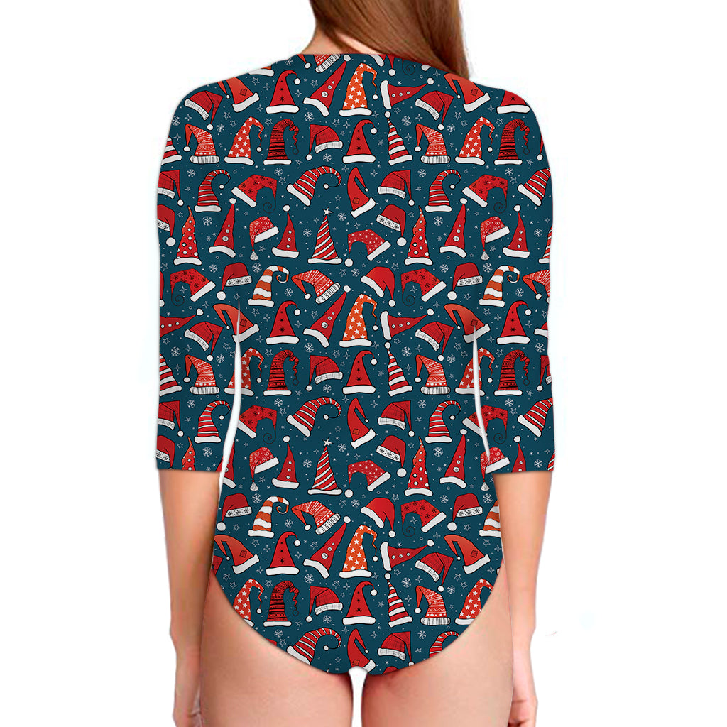 Christmas Santa Hats Pattern Print Long Sleeve Swimsuit