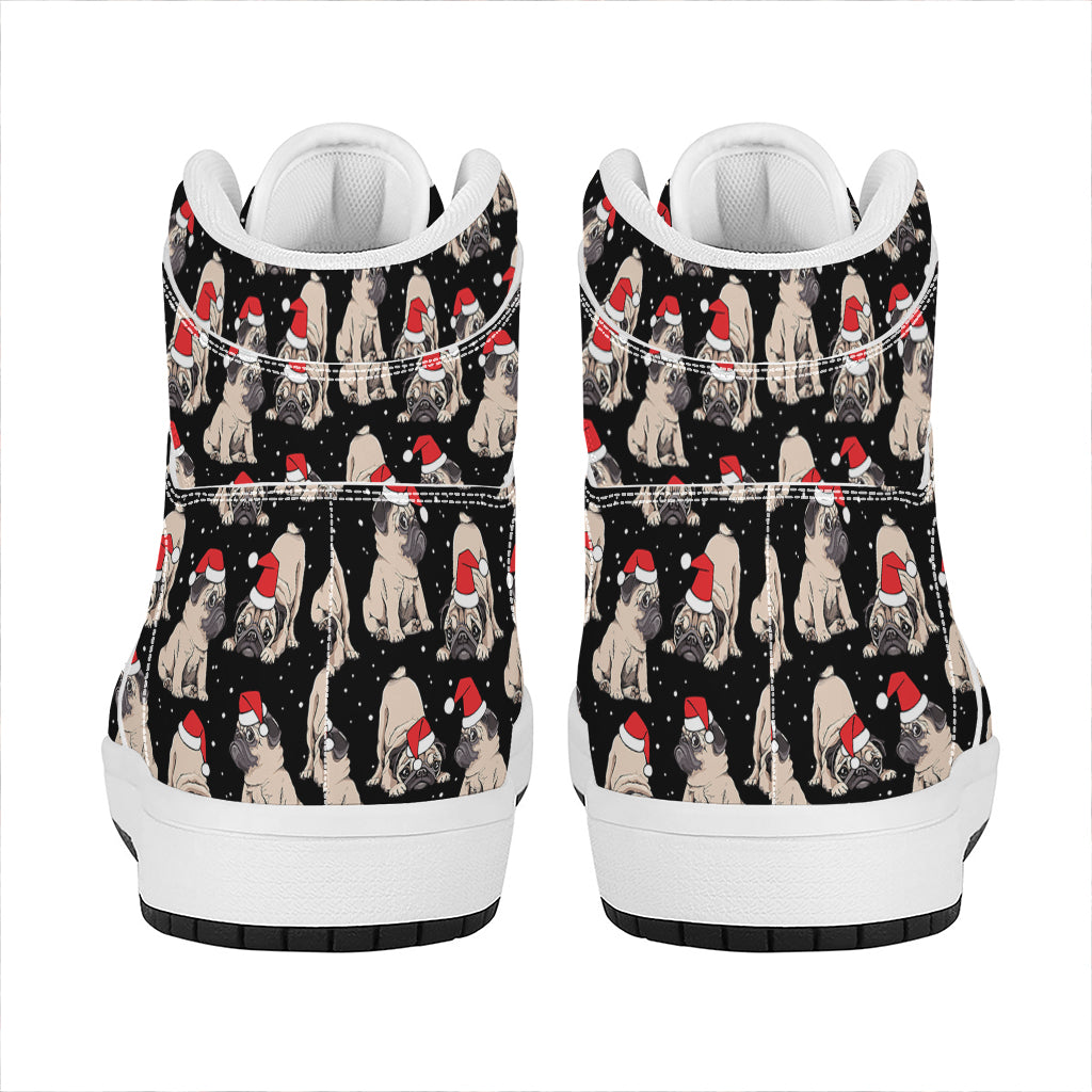 Christmas Santa Pug Pattern Print High Top Leather Sneakers