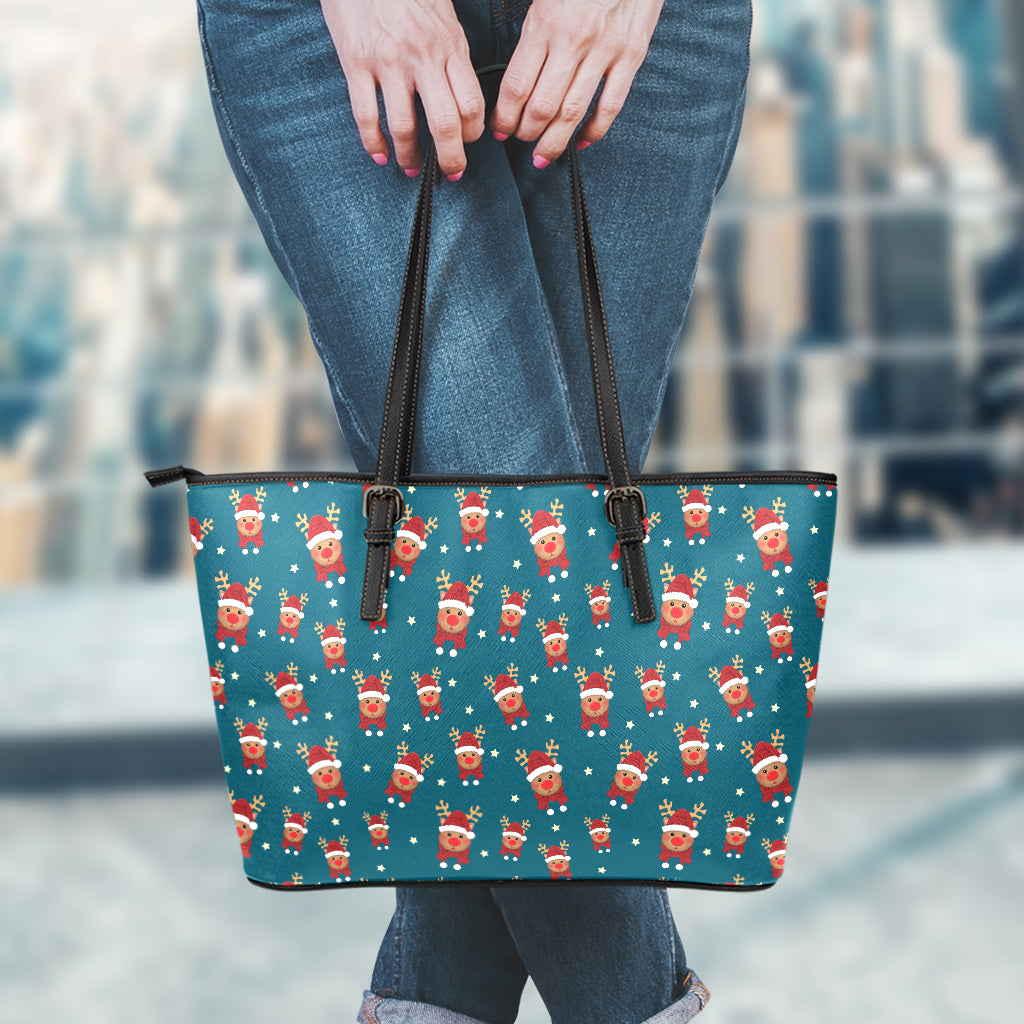 Christmas Santa Reindeer Pattern Print Leather Tote Bag