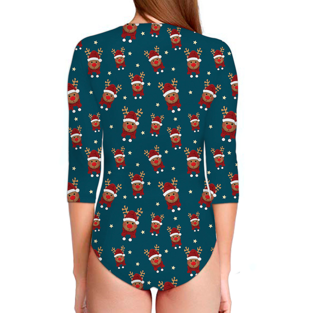 Christmas Santa Reindeer Pattern Print Long Sleeve Swimsuit