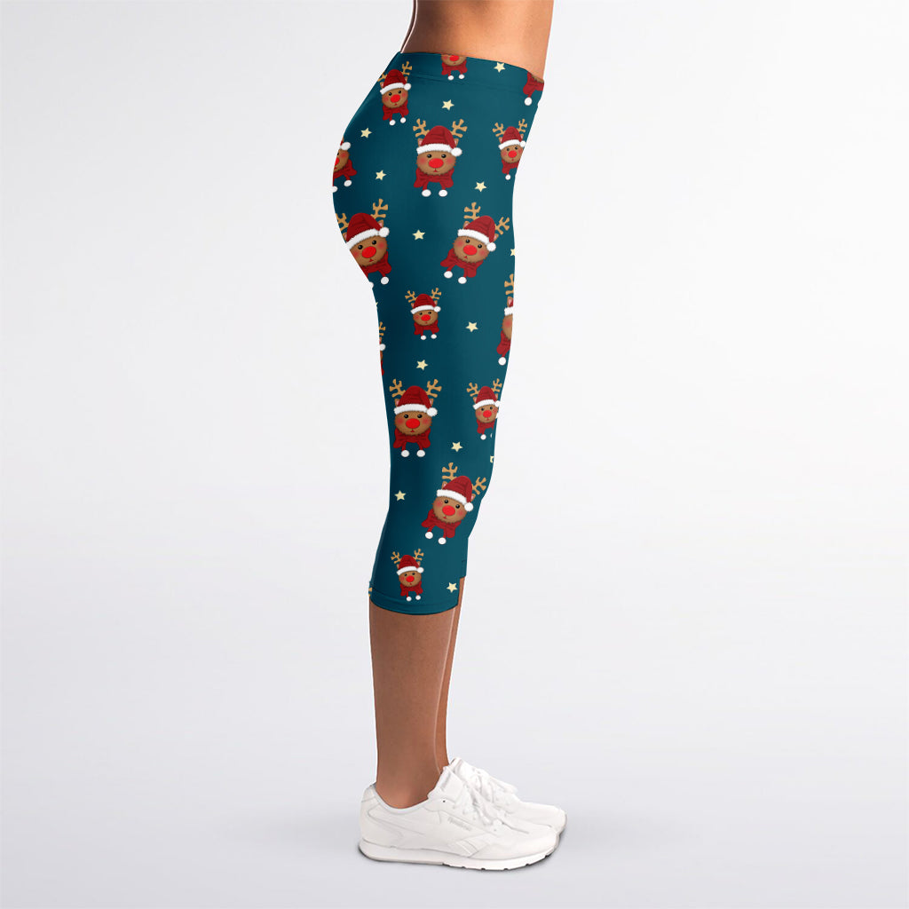 Christmas Santa Reindeer Pattern Print Women's Capri Leggings