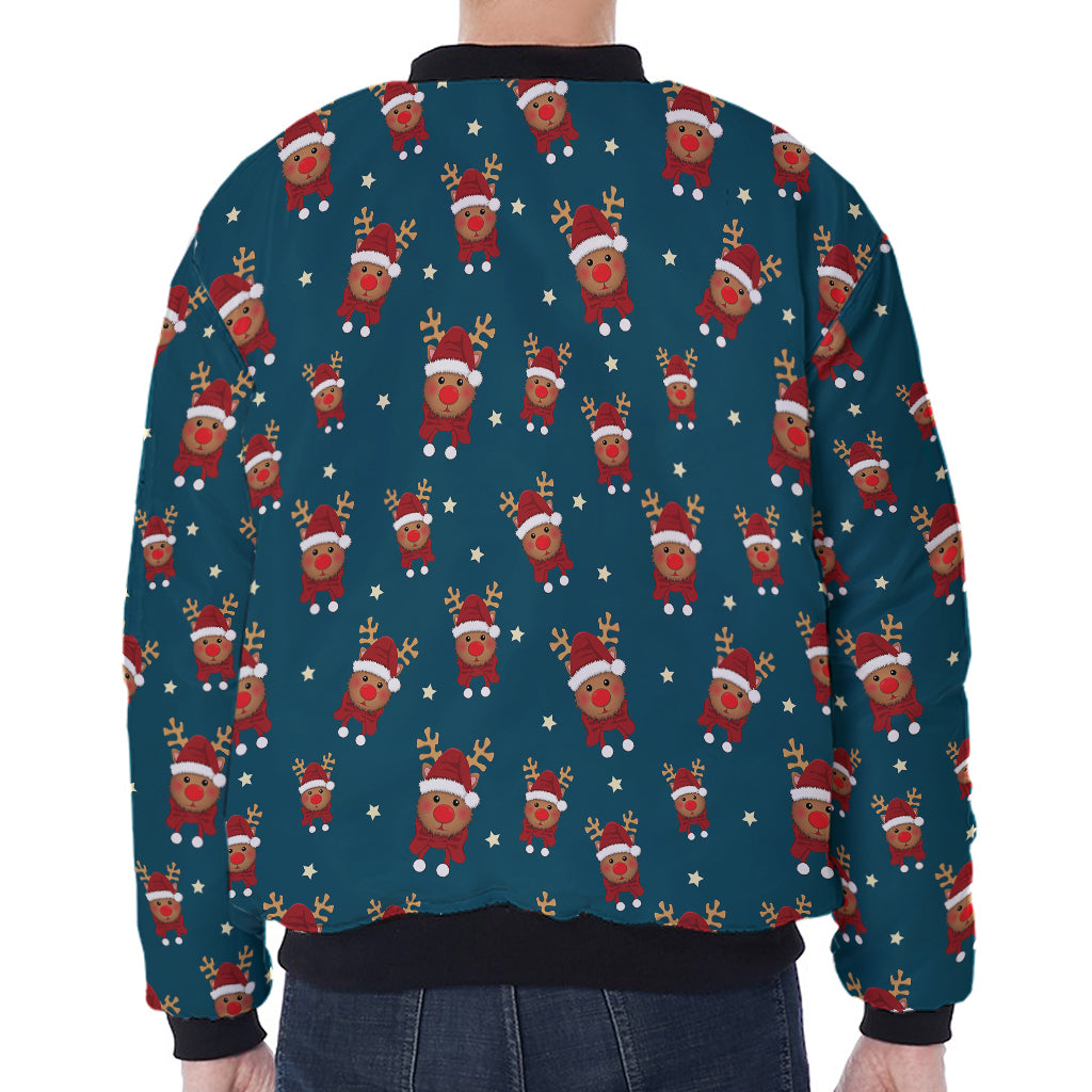 Christmas Santa Reindeer Pattern Print Zip Sleeve Bomber Jacket