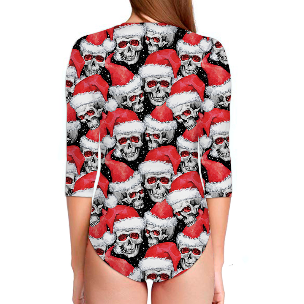 Christmas Santa Skull Pattern Print Long Sleeve Swimsuit