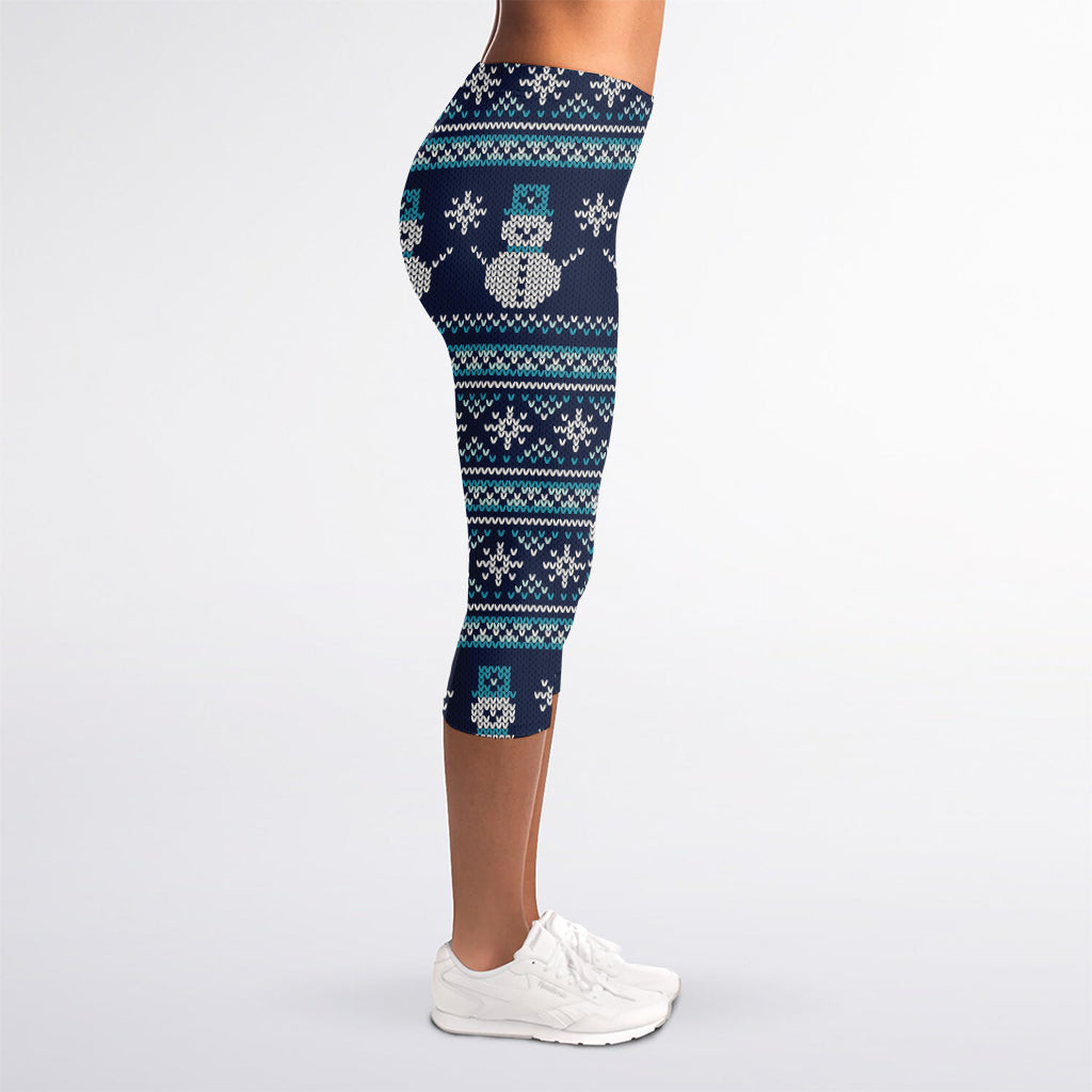 Christmas Snowman Knitted Pattern Print Women's Capri Leggings