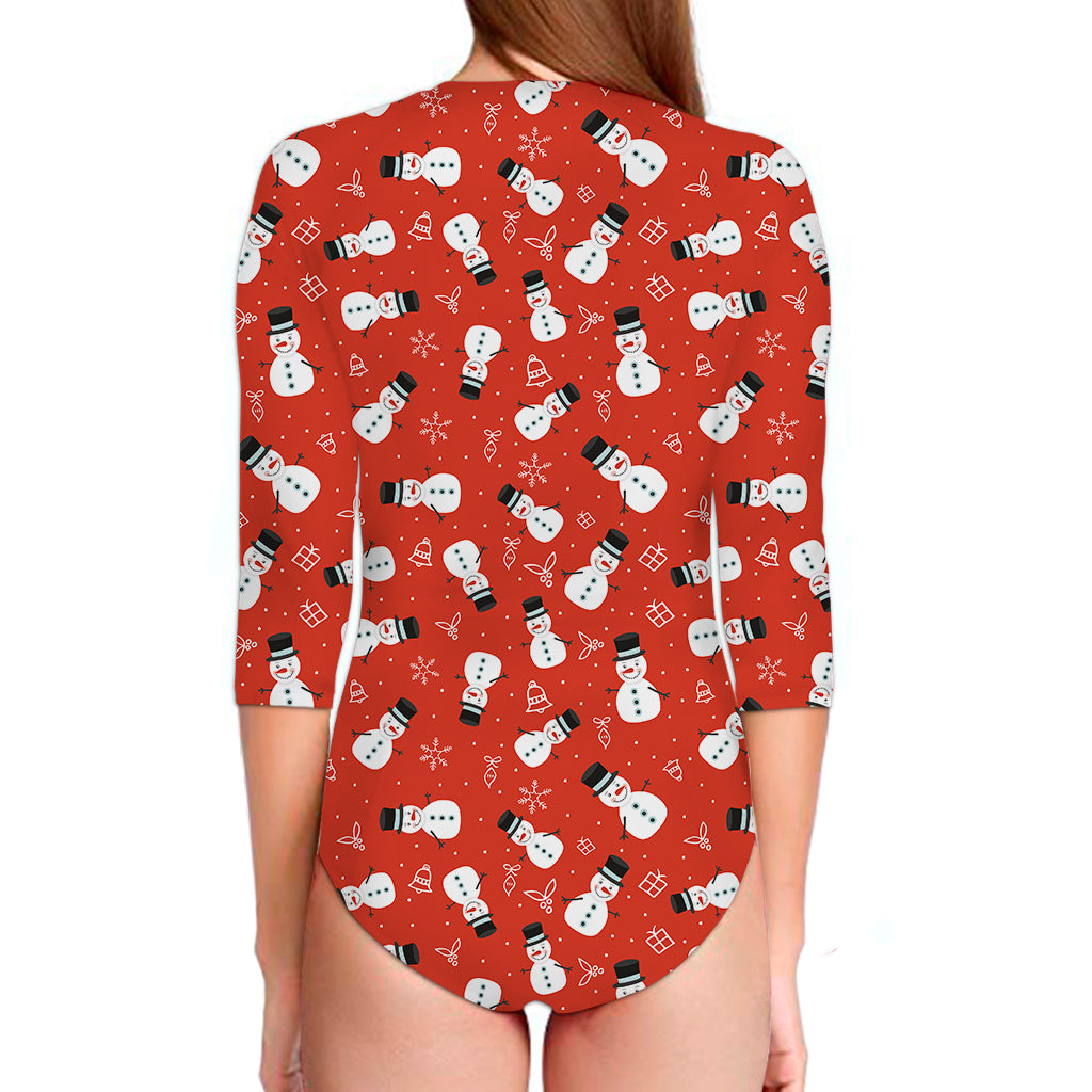 Christmas Snowman Pattern Print Long Sleeve Swimsuit