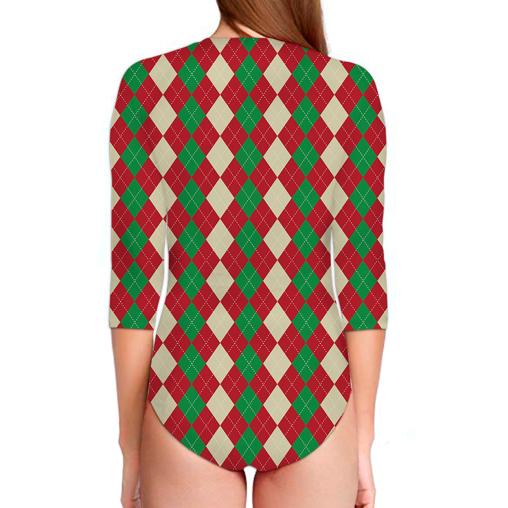 Christmas Themed Argyle Pattern Print Long Sleeve Swimsuit