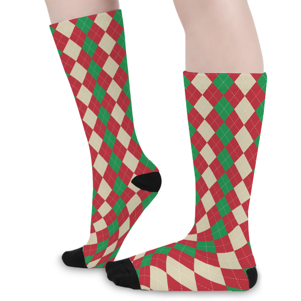 Christmas Themed Argyle Pattern Print Long Socks