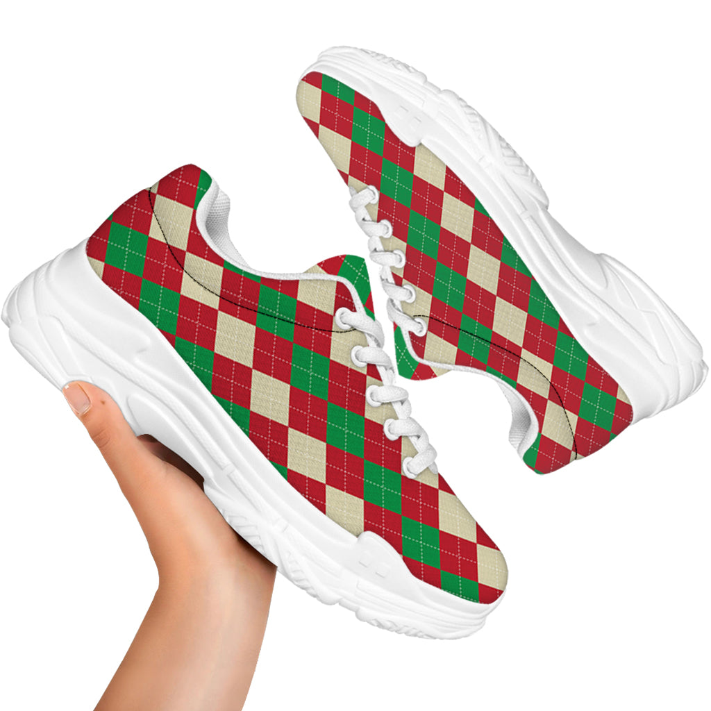 Christmas Themed Argyle Pattern Print White Chunky Shoes