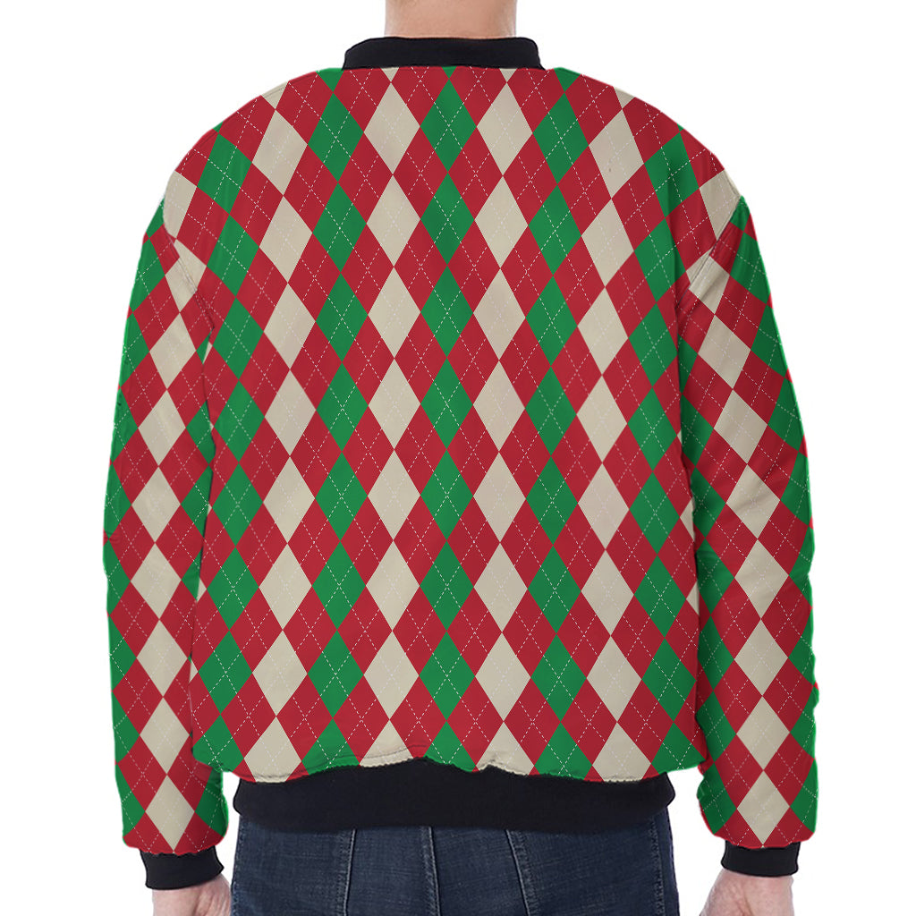 Christmas Themed Argyle Pattern Print Zip Sleeve Bomber Jacket