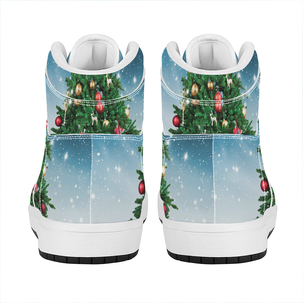Christmas Tree And Snow Print High Top Leather Sneakers