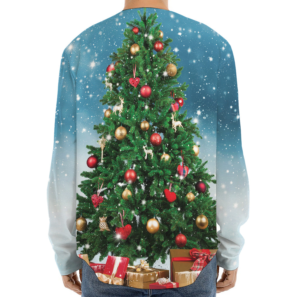 Christmas Tree And Snow Print Long Sleeve Baseball Jersey