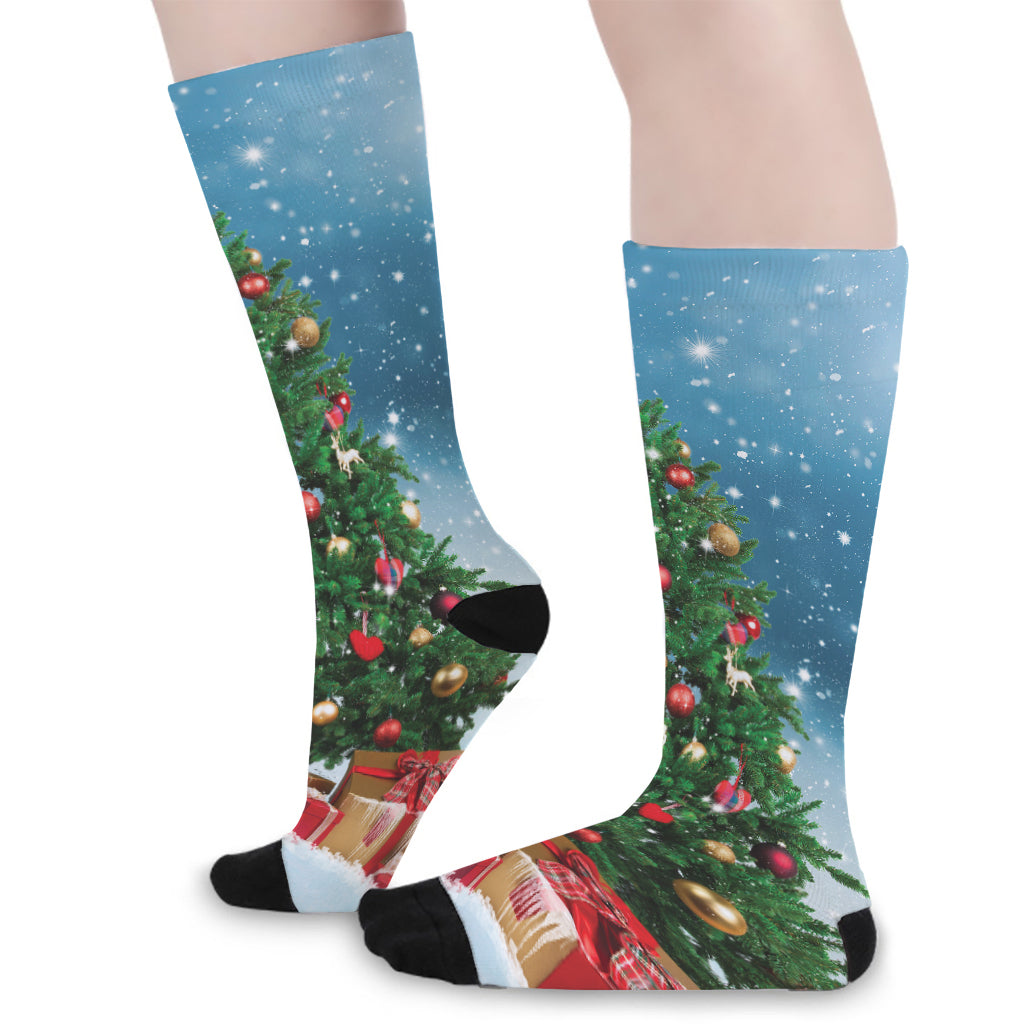 Christmas Tree And Snow Print Long Socks