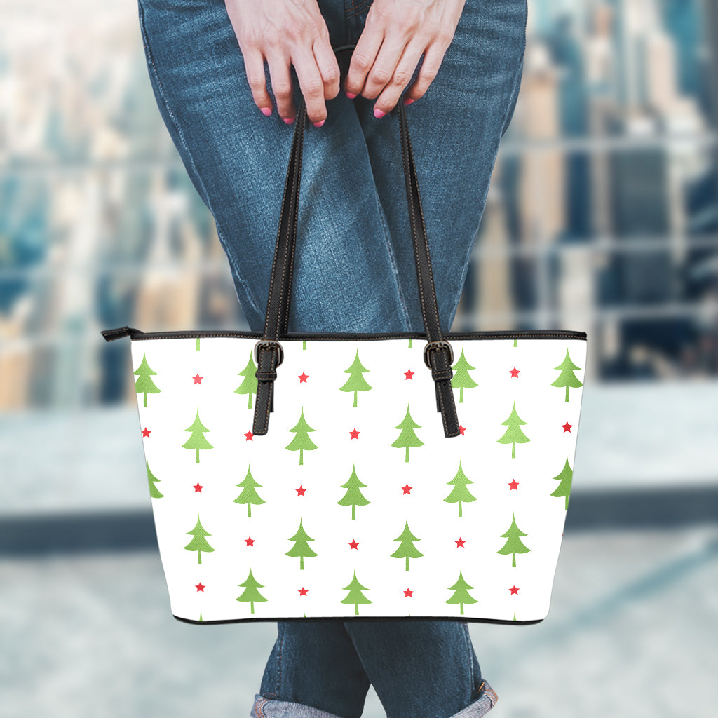 Christmas Tree And Star Pattern Print Leather Tote Bag