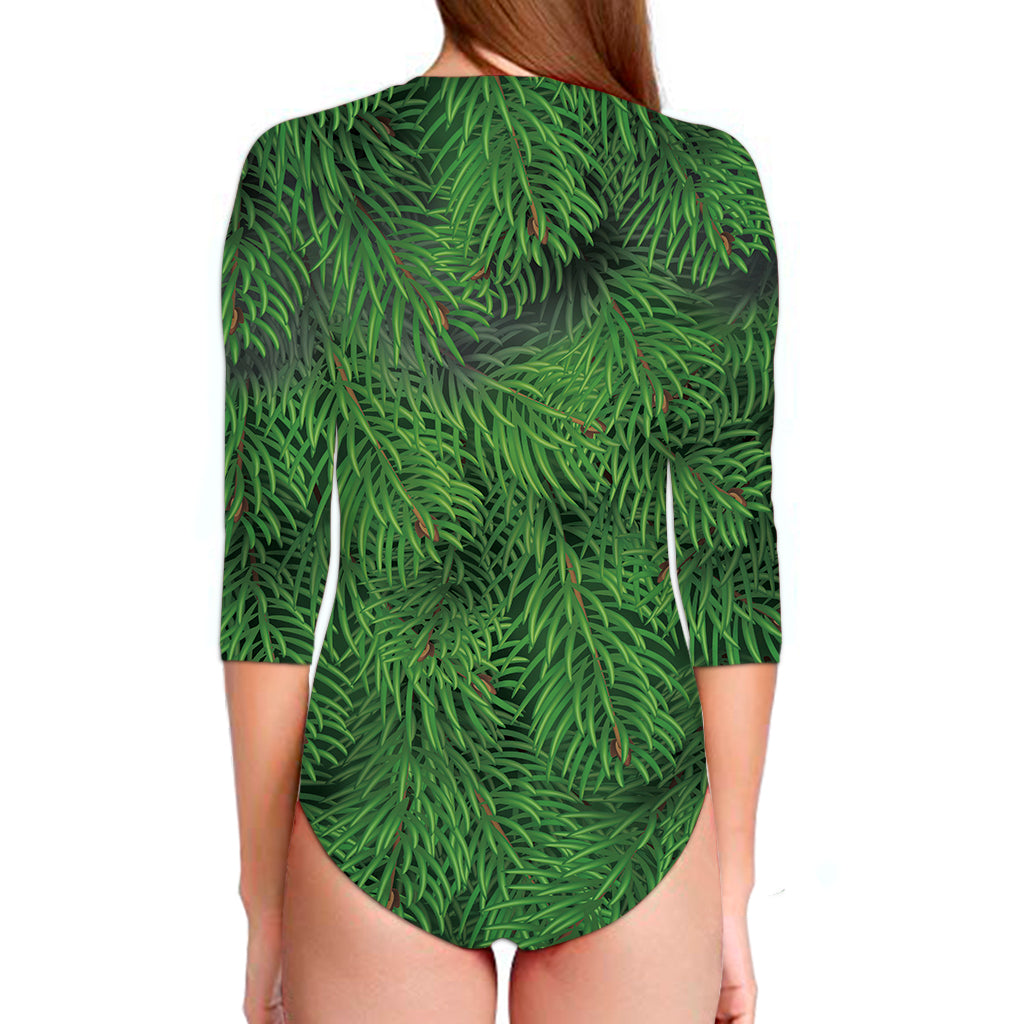 Christmas Tree Branches Print Long Sleeve Swimsuit