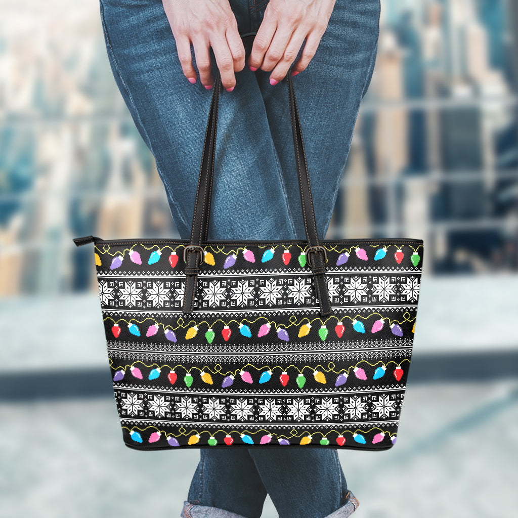 Christmas Tree Lights Print Leather Tote Bag