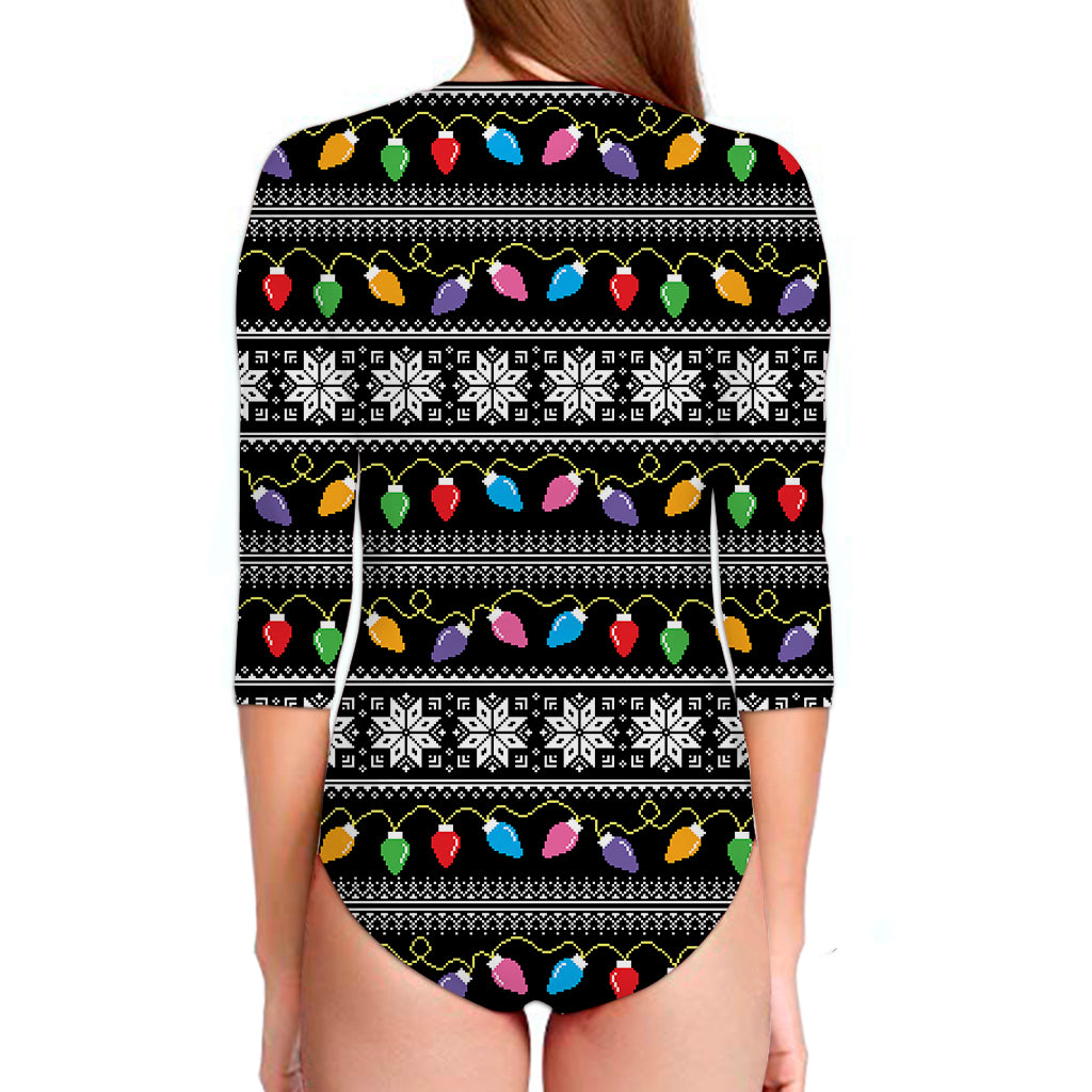 Christmas Tree Lights Print Long Sleeve Swimsuit
