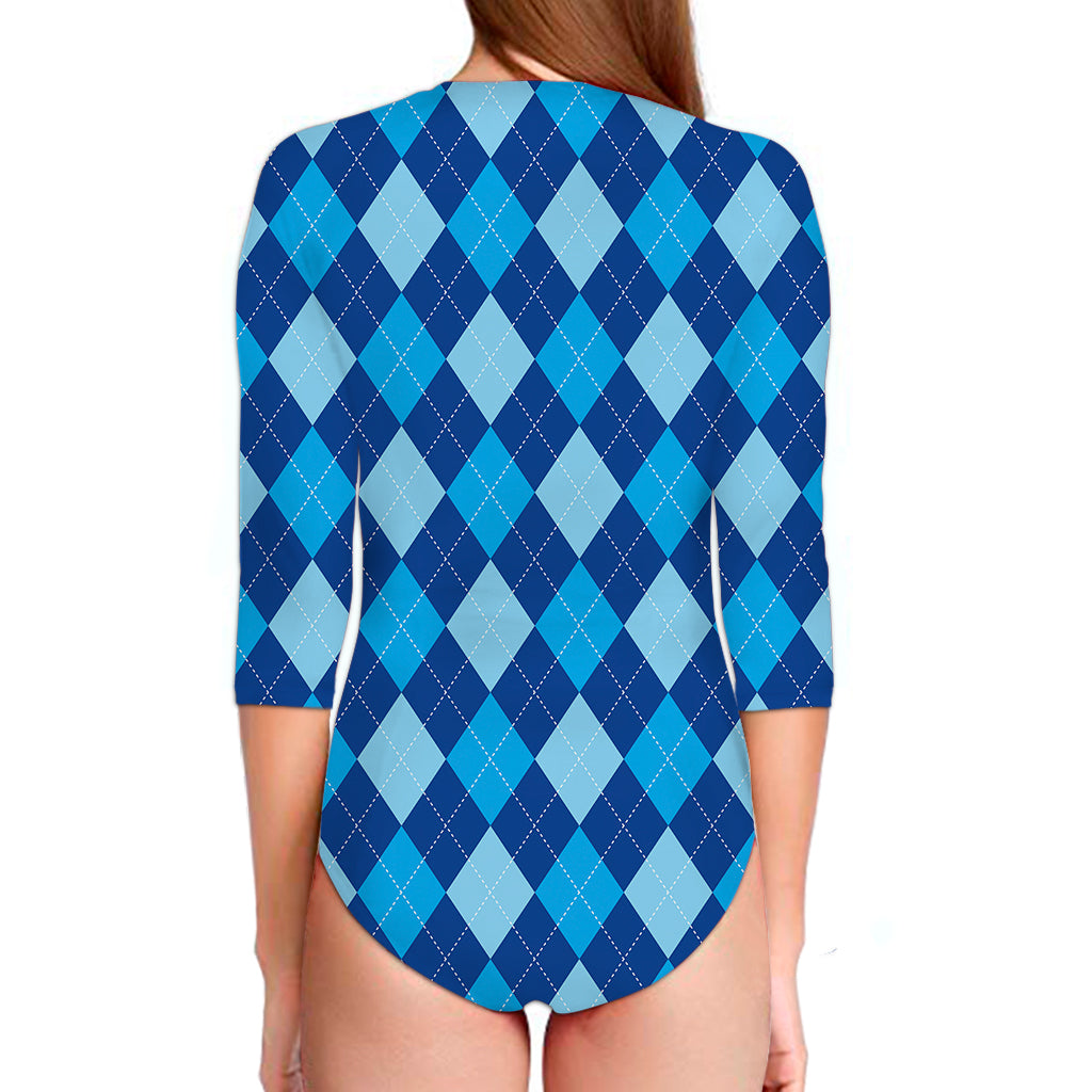 Classic Blue Argyle Pattern Print Long Sleeve Swimsuit