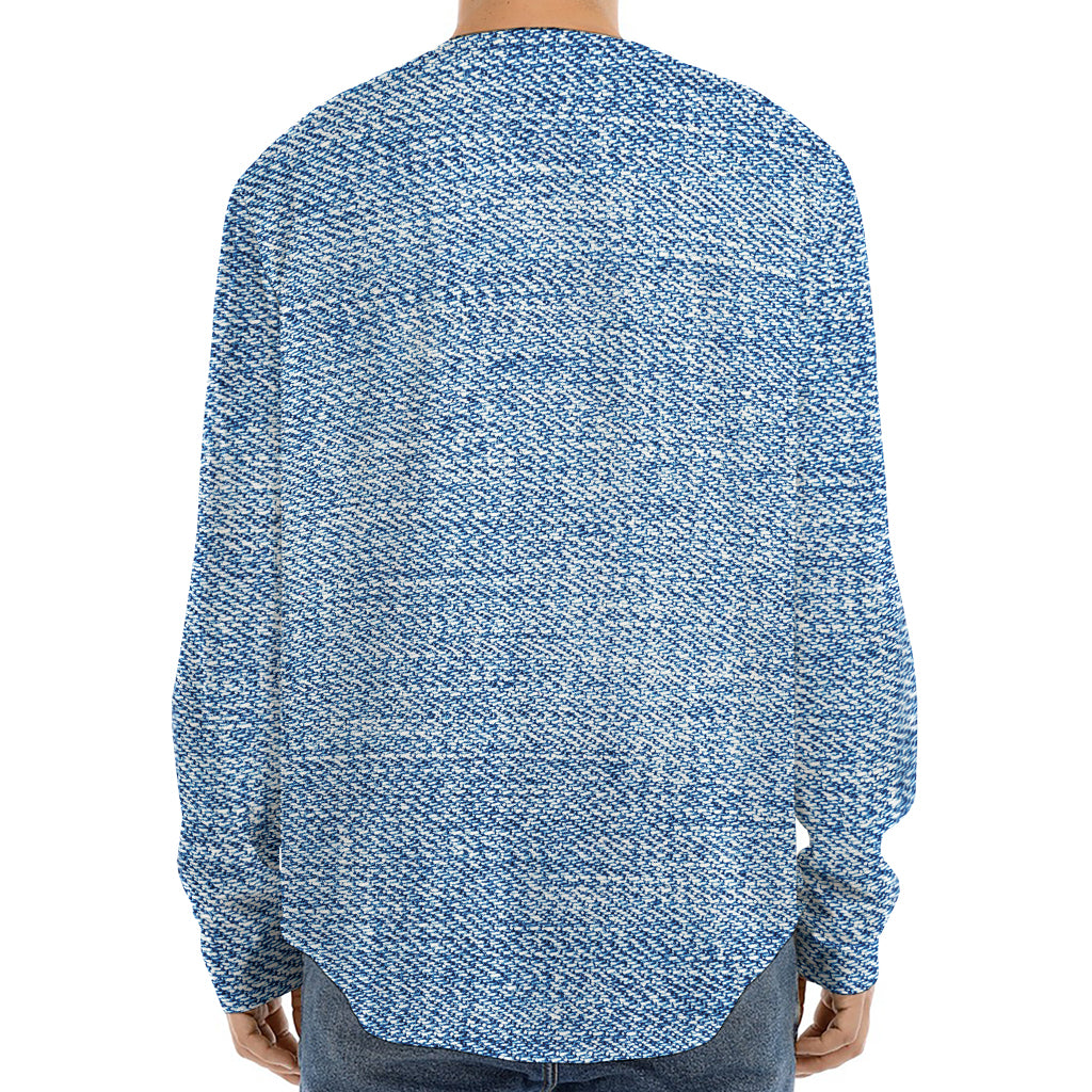 Classic Blue Denim Jeans Print Long Sleeve Baseball Jersey