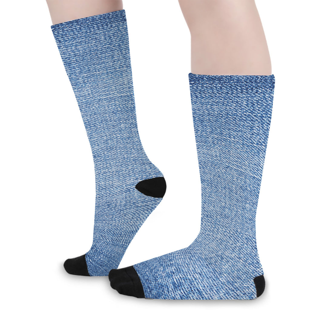 Classic Blue Denim Jeans Print Long Socks