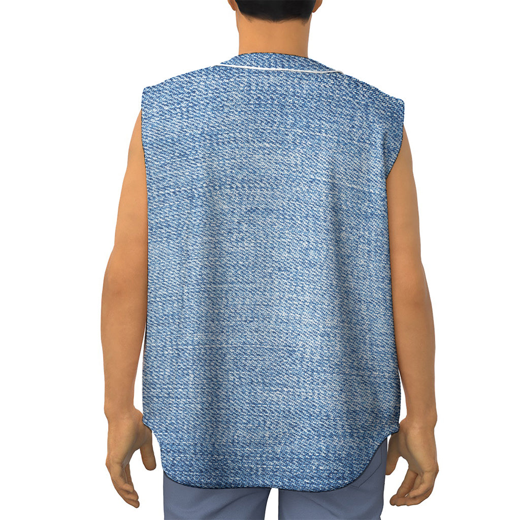 Classic Blue Denim Jeans Print Sleeveless Baseball Jersey