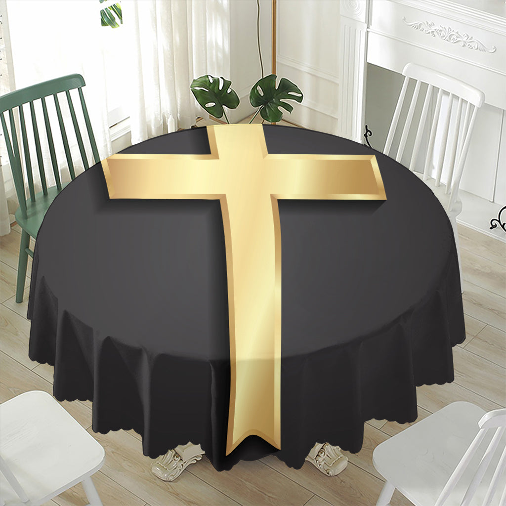 Classic Golden Cross Print Waterproof Round Tablecloth