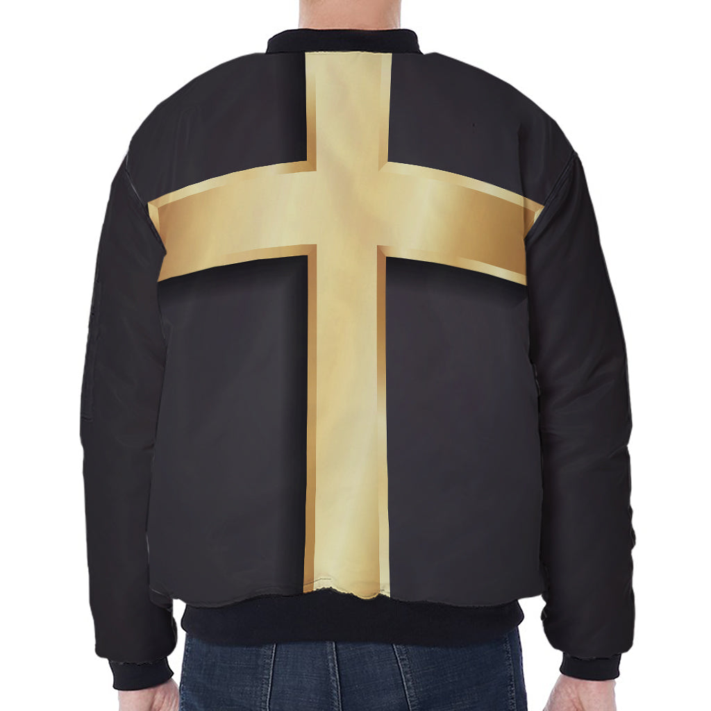Classic Golden Cross Print Zip Sleeve Bomber Jacket