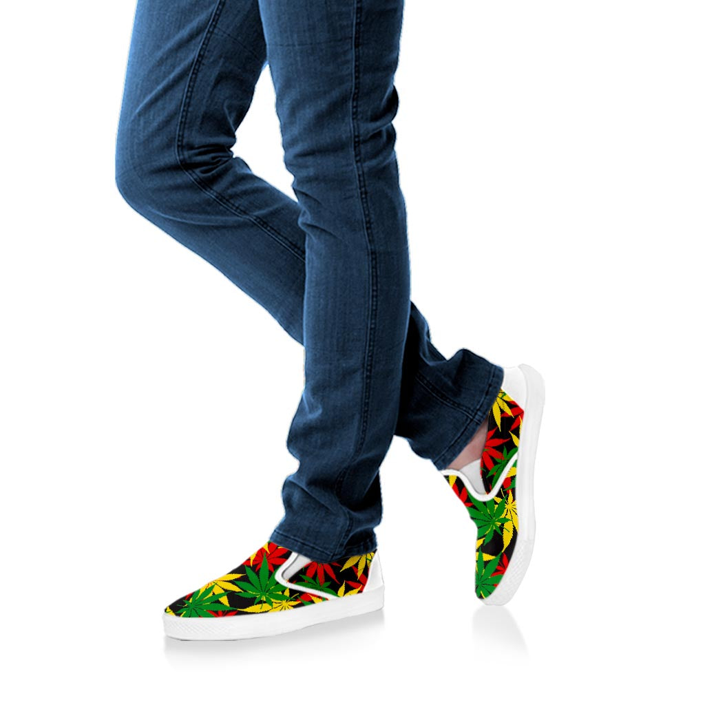 Classic Hemp Leaves Reggae Pattern Print White Slip On Sneakers