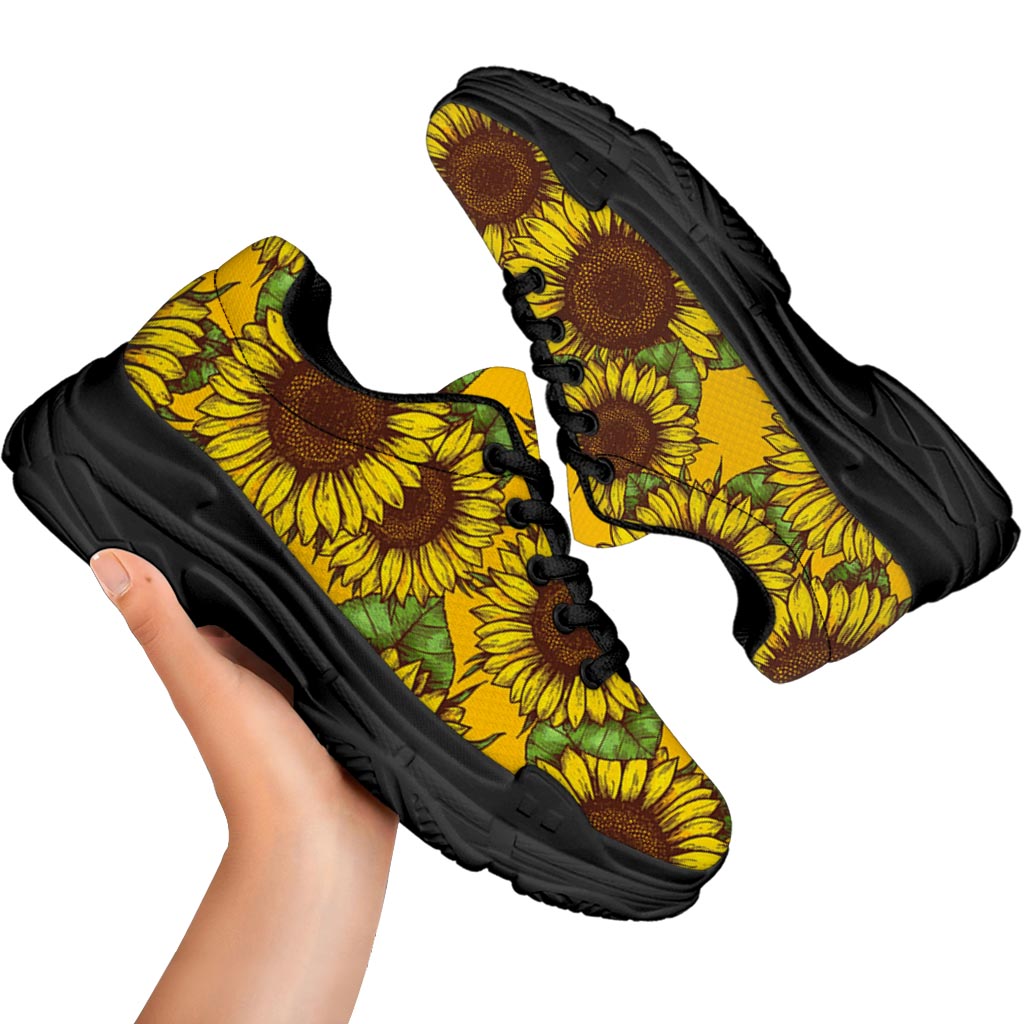 Classic Vintage Sunflower Pattern Print Black Chunky Shoes
