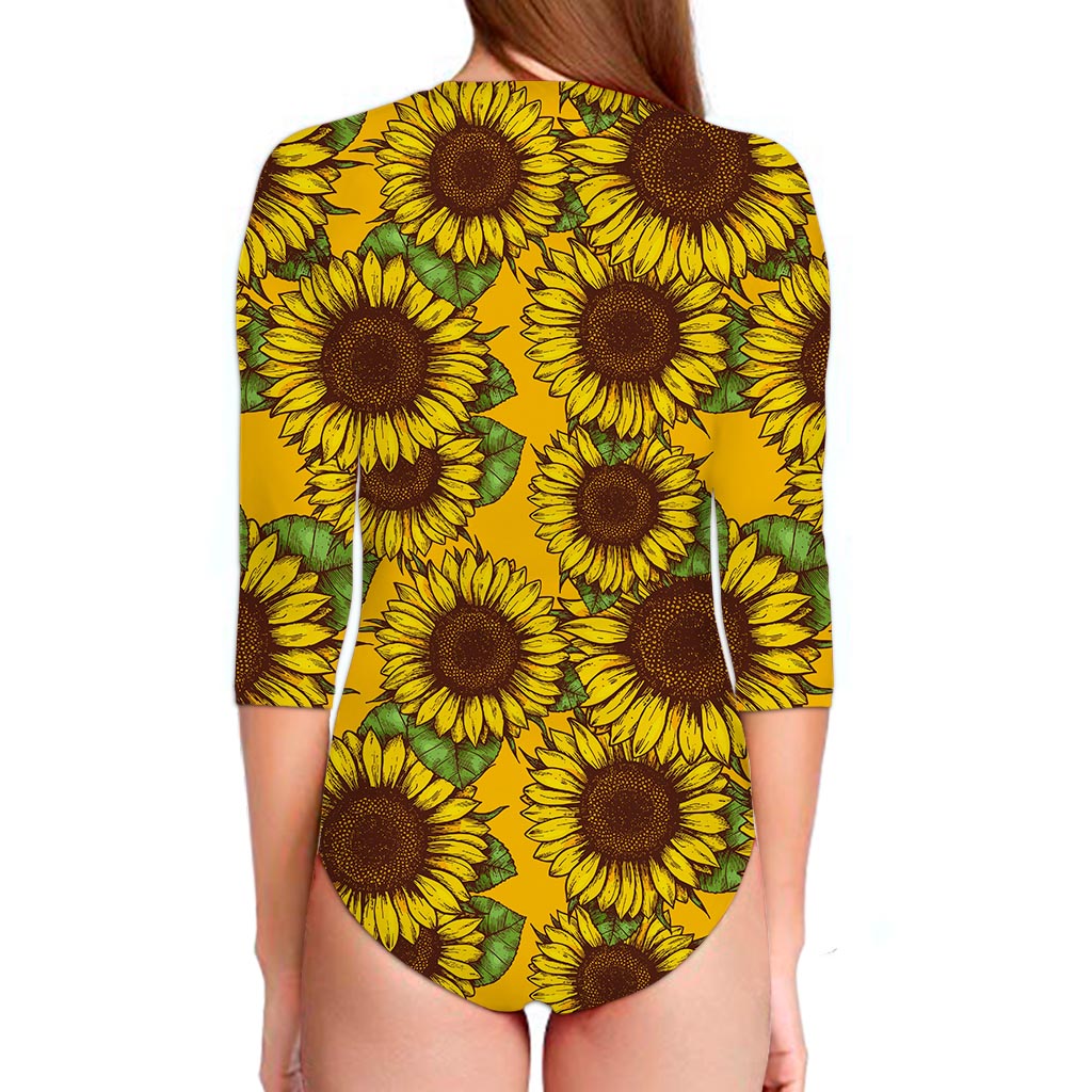 Classic Vintage Sunflower Pattern Print Long Sleeve Swimsuit