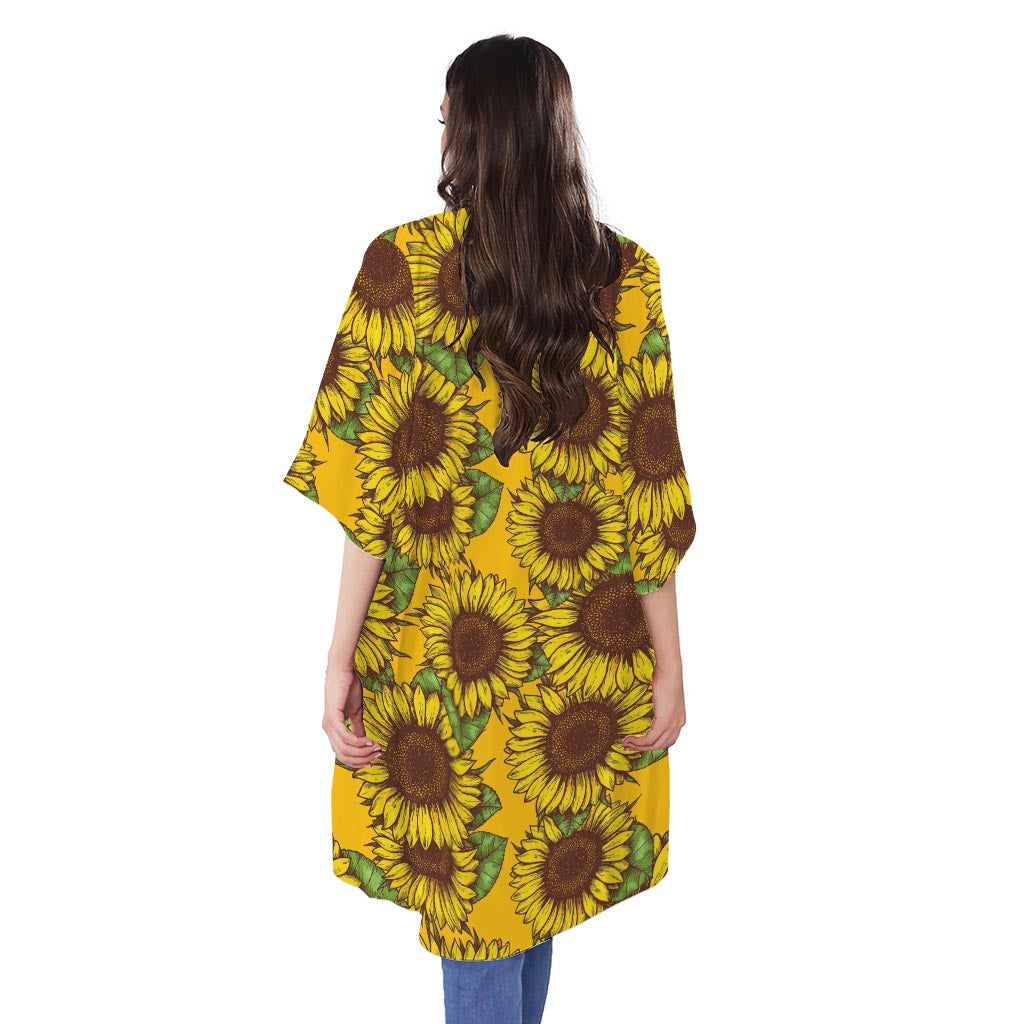 Classic Vintage Sunflower Pattern Print Open Front Beach Cover Up