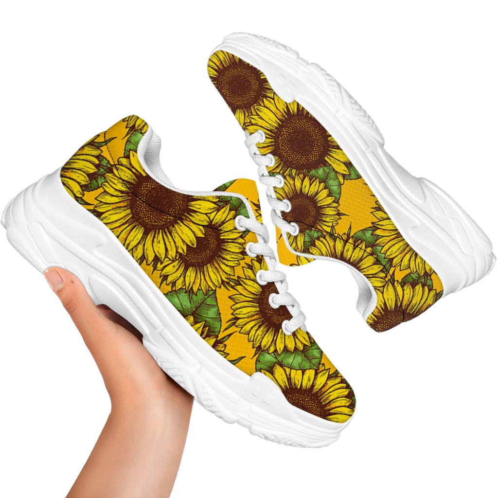 Classic Vintage Sunflower Pattern Print White Chunky Shoes