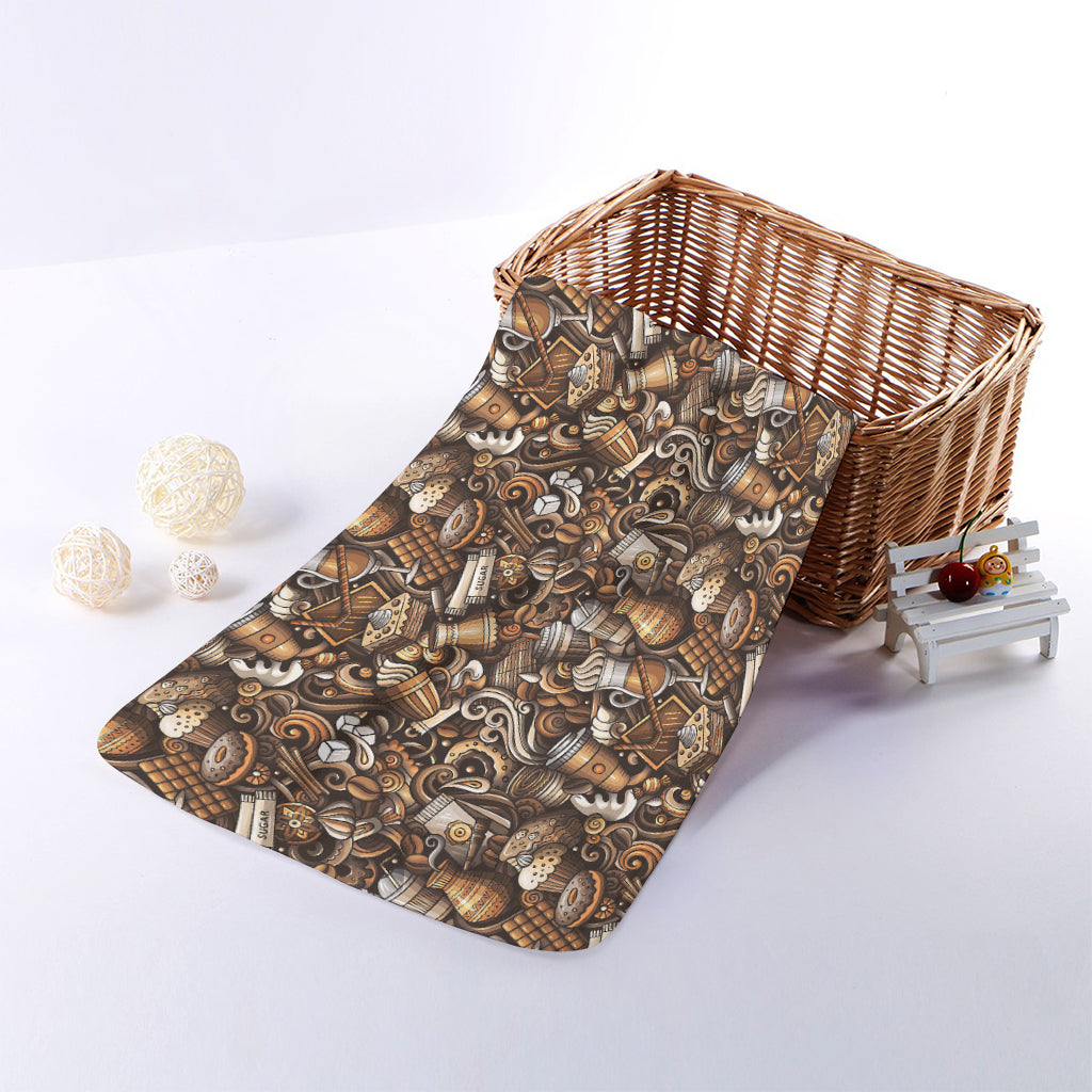 Coffee And Dessert Drawing Pattern Print Towel