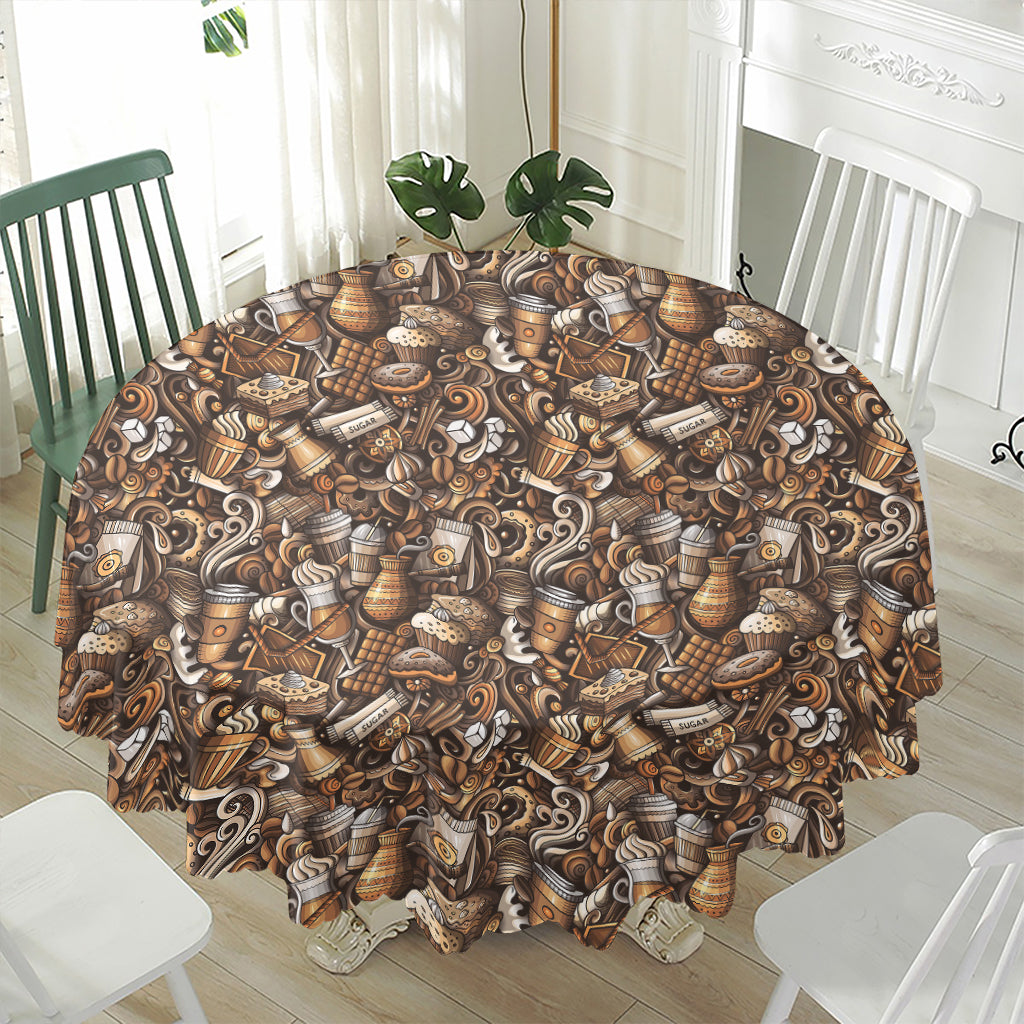 Coffee And Dessert Drawing Pattern Print Waterproof Round Tablecloth