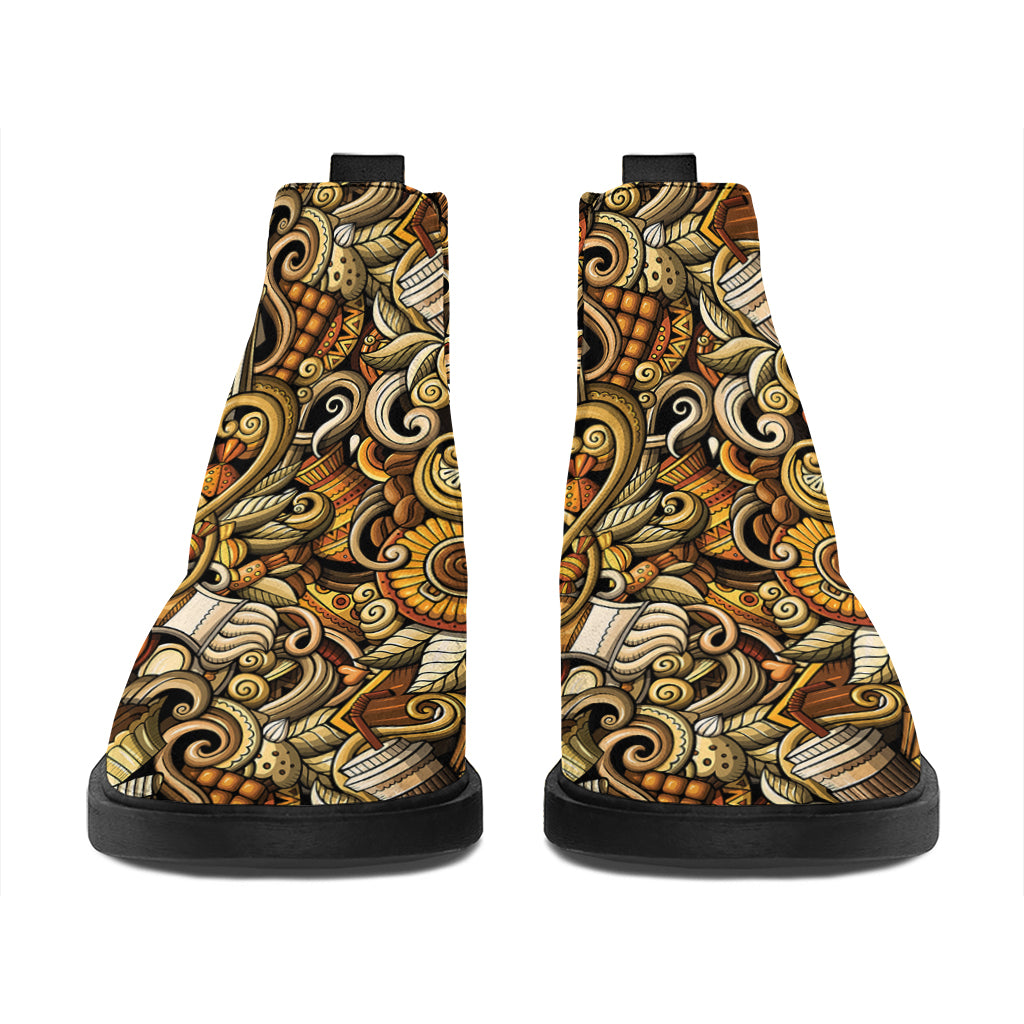Coffee Drawing Pattern Print Flat Ankle Boots