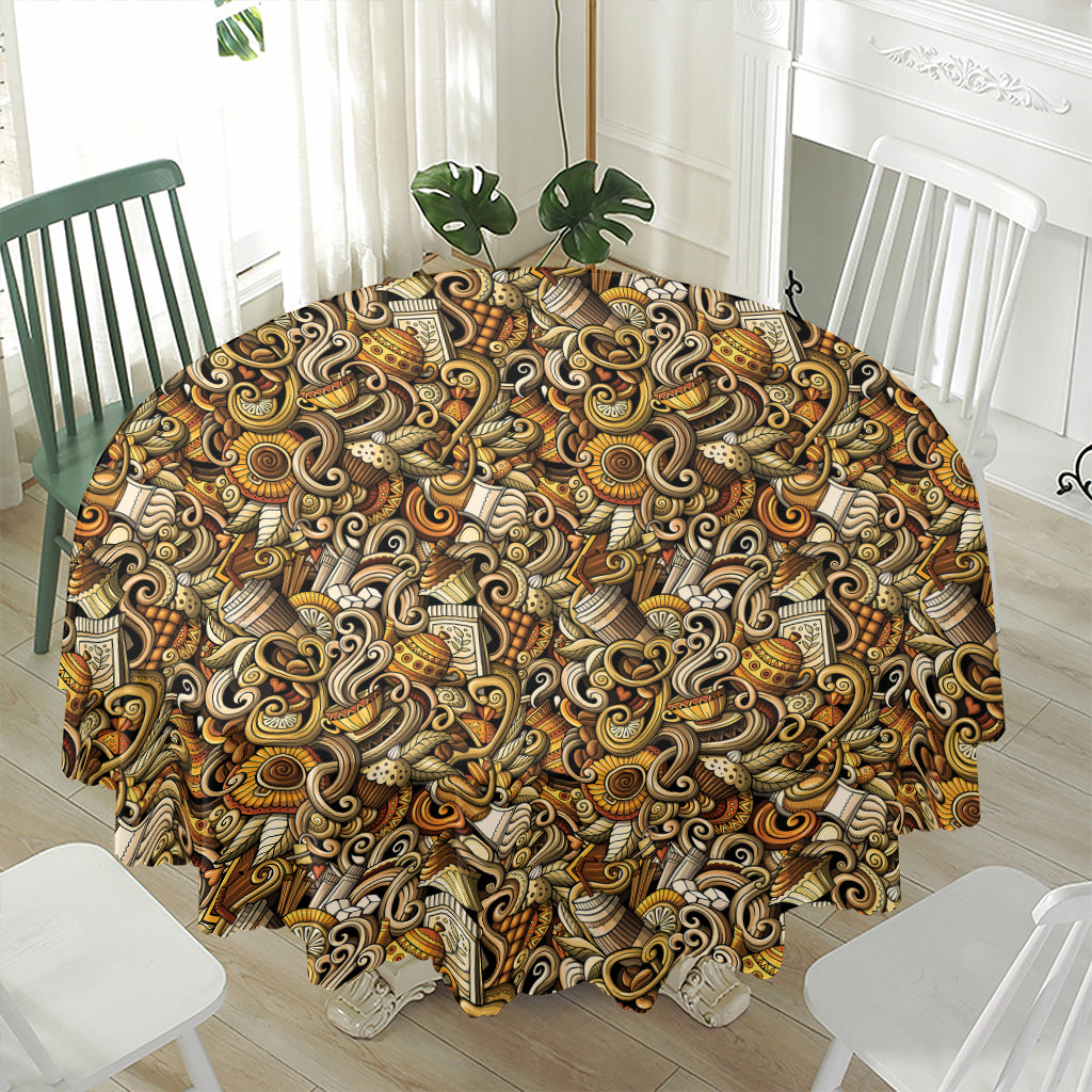 Coffee Drawing Pattern Print Waterproof Round Tablecloth