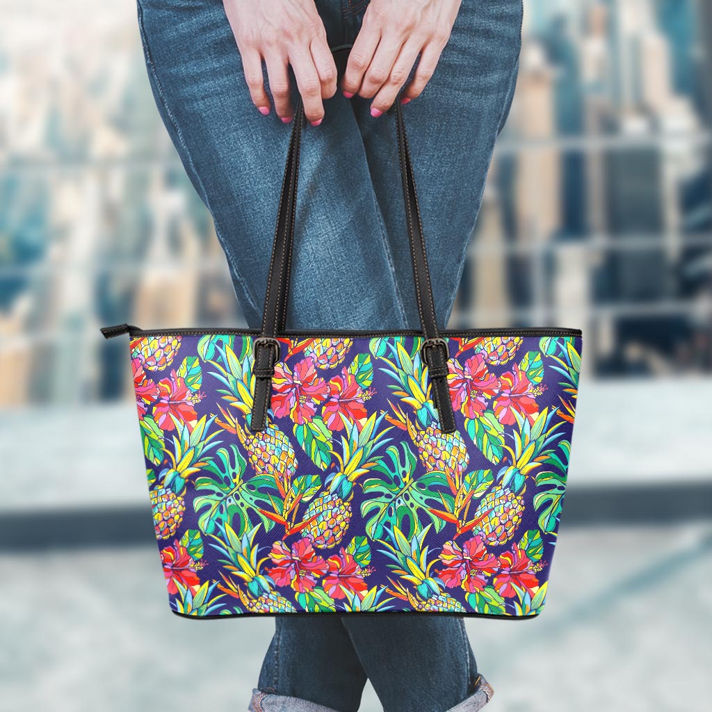 Colorful Aloha Pineapple Pattern Print Leather Tote Bag
