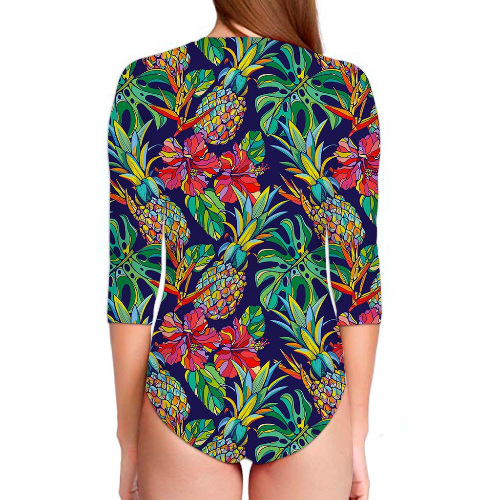 Colorful Aloha Pineapple Pattern Print Long Sleeve Swimsuit